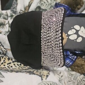 Women Rhinestone Adjustable Black Cap